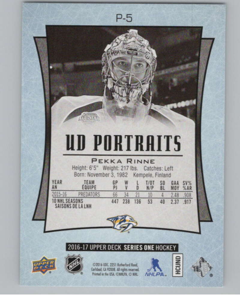 2016-17 UD Portraits #P-5 Pekka Rinne Nashville Predators V104839 Image 2