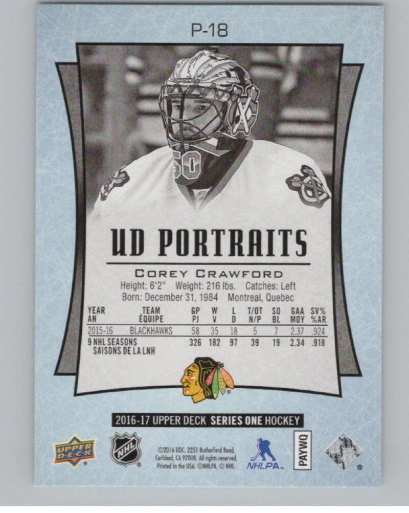 2016-17 UD Portraits #P-18 Corey Crawford Chicago Blackhawks V104852 Image 2