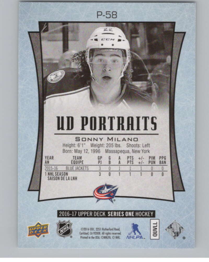 2016-17 UD Portraits #P-58 Sonny Milano Rookies Columbus Blue Jackets V104888 Image 2