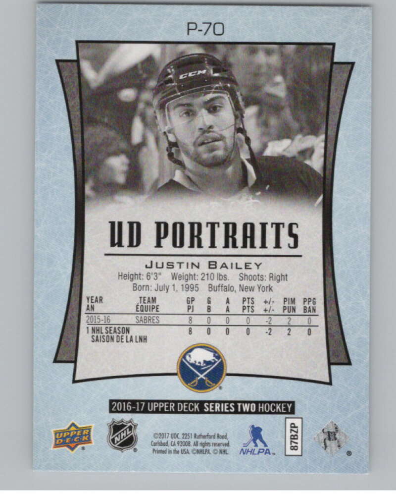 2016-17 UD Portraits #P-70 Justin Bailey Buffalo Sabres V104900 Image 2