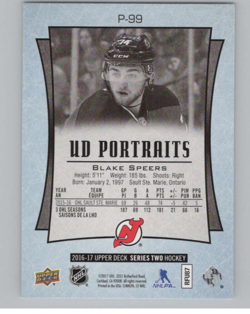 2016-17 UD Portraits #P-99 Blake Speers New Jersey Devils V104928 Image 2