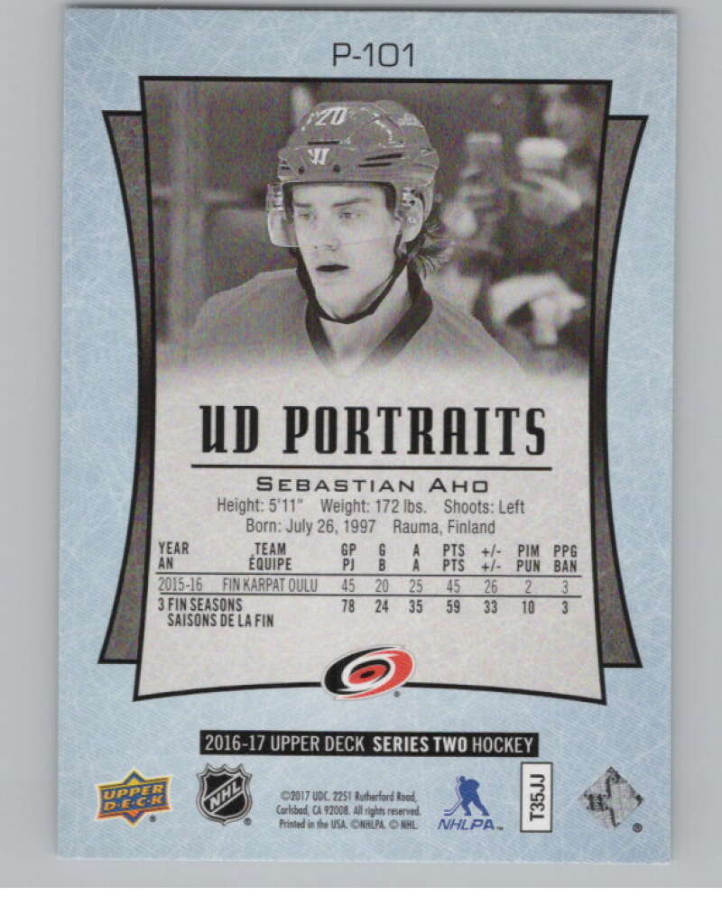 2016-17 UD Portraits #P-101 Sebastian Aho Carolina Hurricanes V104930 Image 2