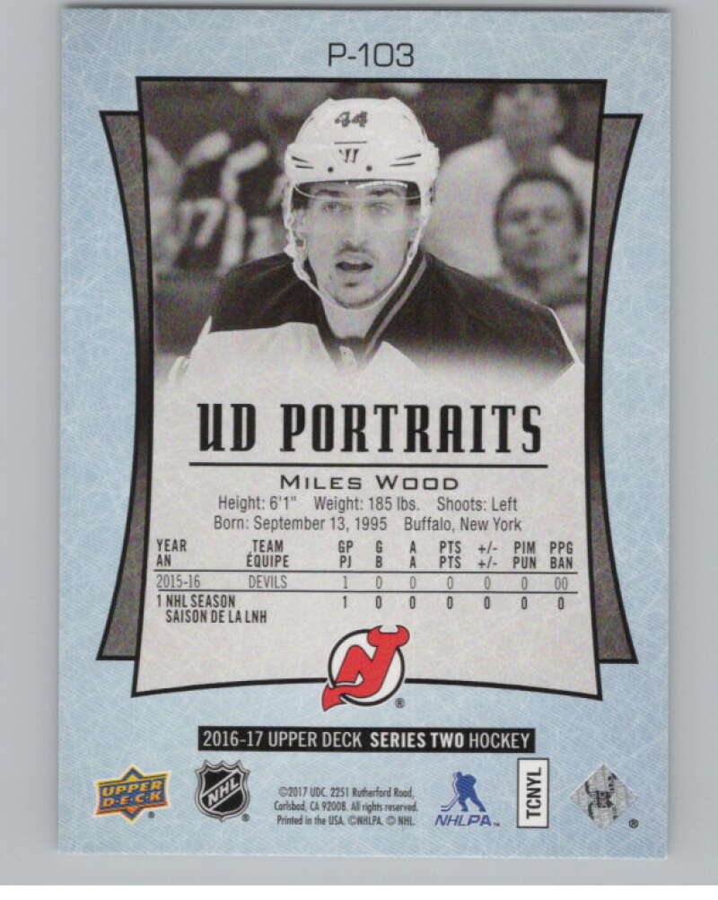 2016-17 UD Portraits #P-103 Miles Wood New Jersey Devils V104932 Image 2