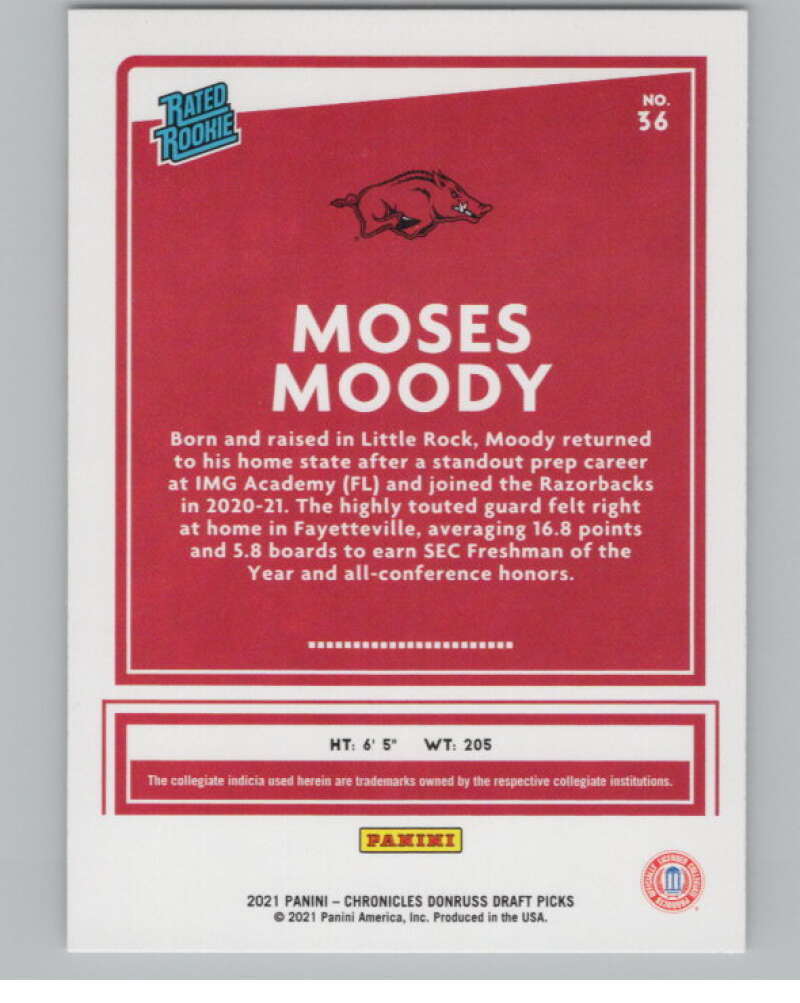 2021-22 Donruss Rated Rookies #36 Moses Moody Razorbacks V104965 Image 2