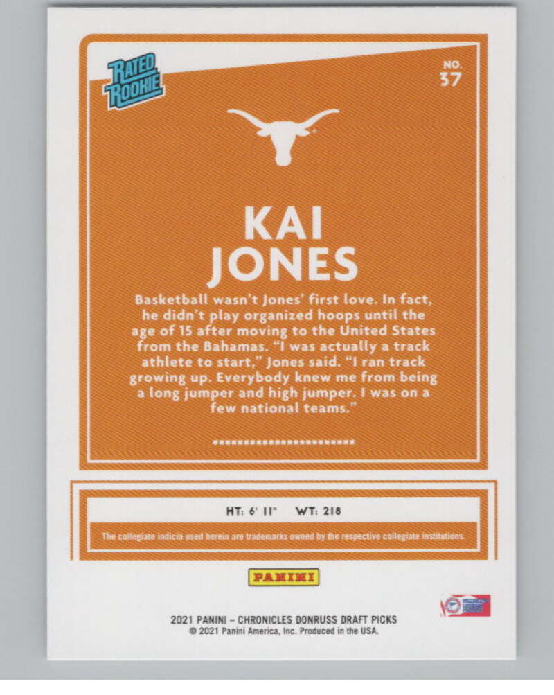 2021-22 Donruss Rated Rookies #37 Kai Jones Texas Longhorns V104966 Image 2