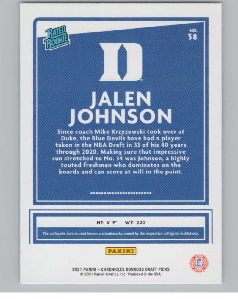 2021-22 Donruss Rated Rookies #38 Jalen Johnson Duke Blue Devils V104967 Image 2