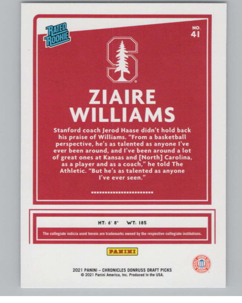 2021-22 Donruss Rated Rookies #41 Ziaire Williams Stanford Cardinal V104968 Image 2