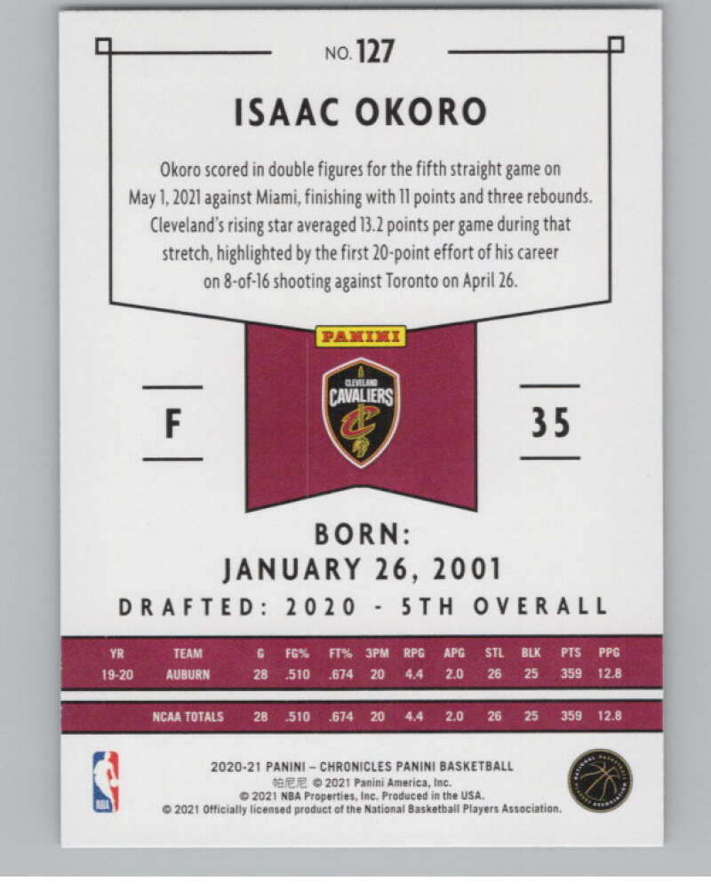 2020-21 Panini Chronicles #127 Isaac Okoro Cleveland Cavaliers V104983 Image 2