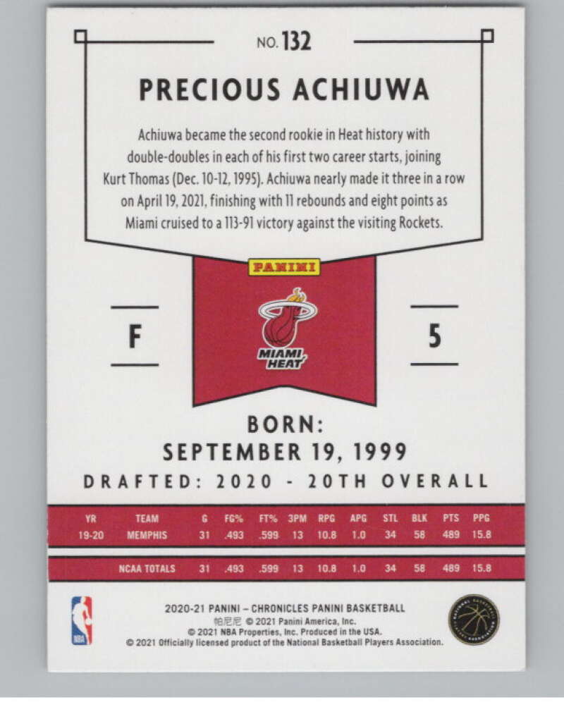 2020-21 Panini Chronicles #132 Precious Achiuwa Miami Heat V104985 Image 2