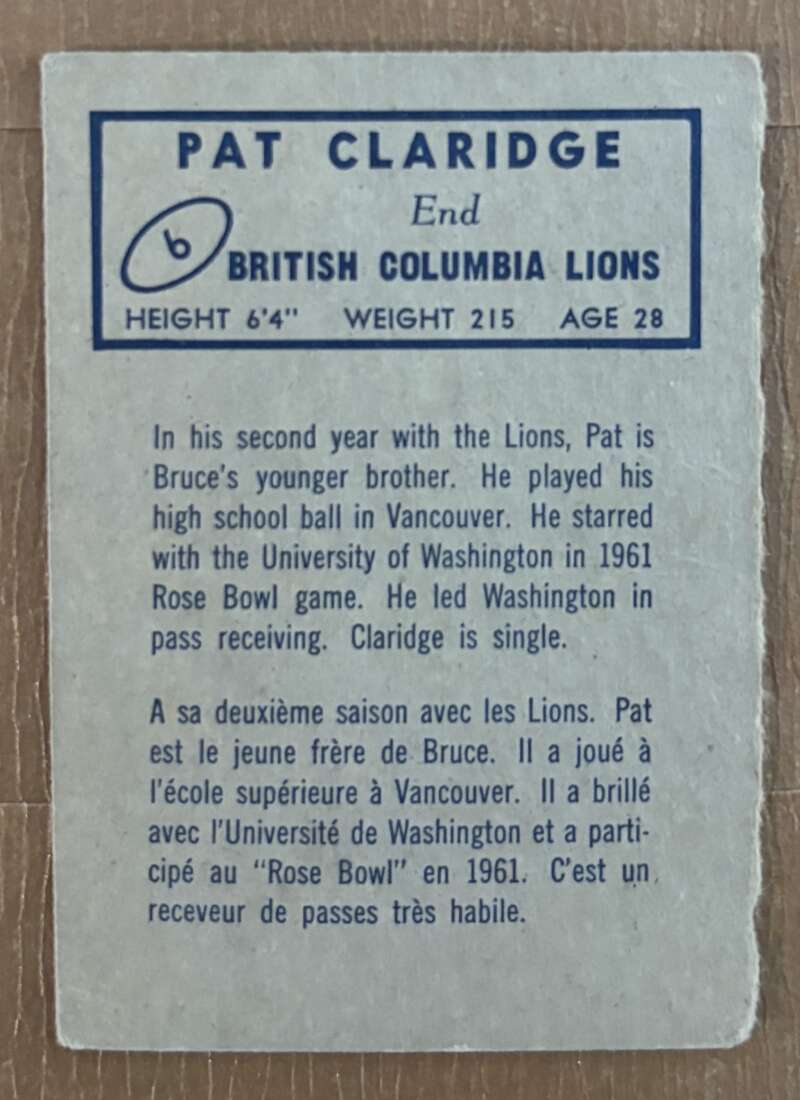 1962 Topps CFL #6 Pat Claridge RC Rookie British Columbia Lions V105299 Image 2