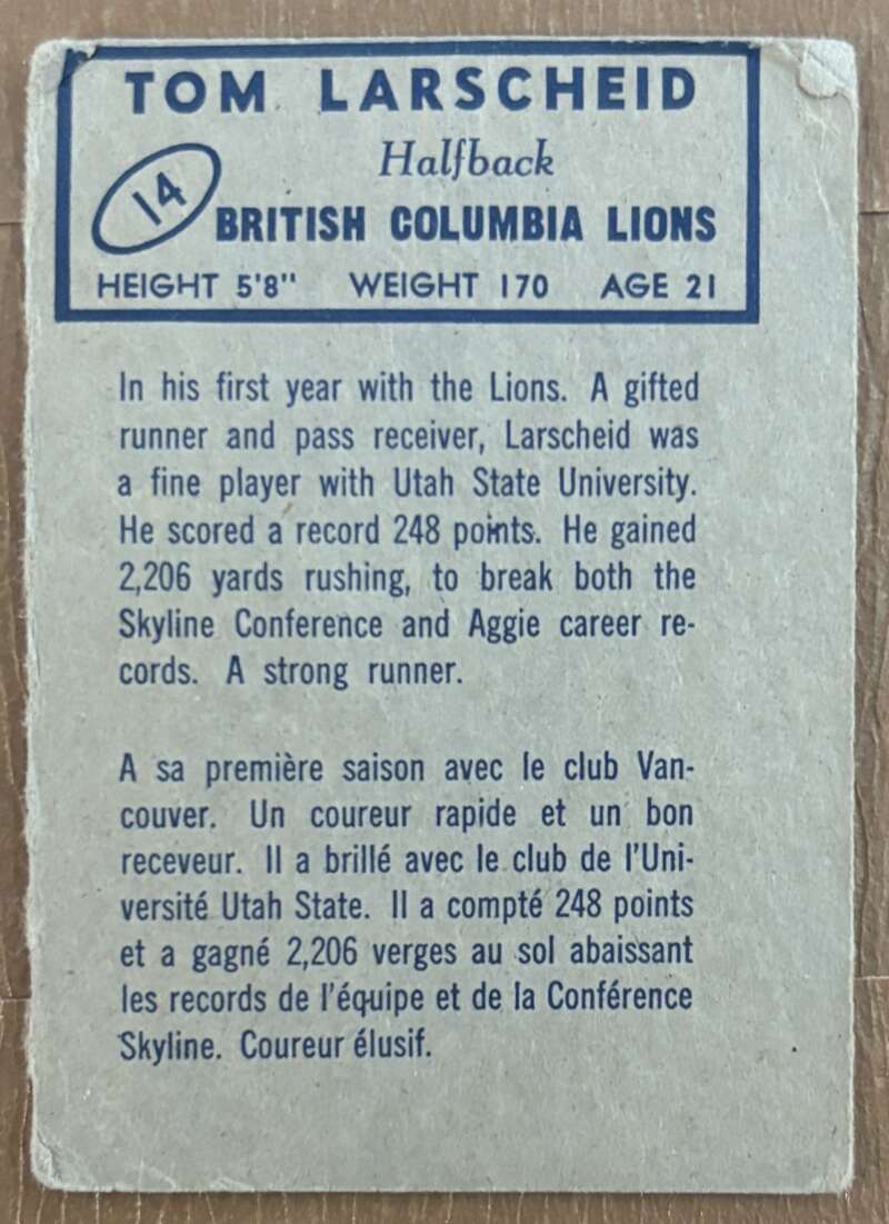 1962 Topps CFL #14 Tom Larscheid RC Rookie BC Lions V105306 Image 2