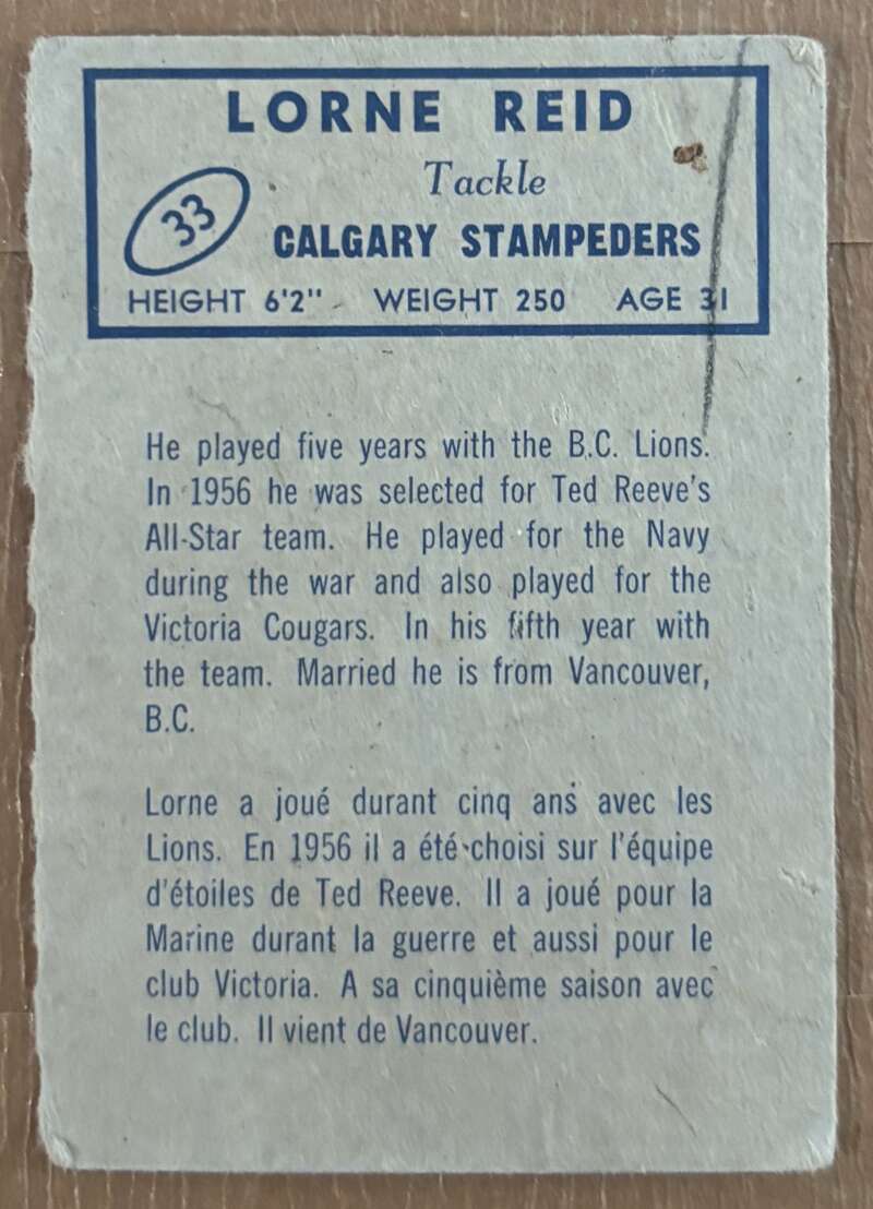 1962 Topps CFL #33 Lorne Reid Calgary Stampeders V105319 Image 2