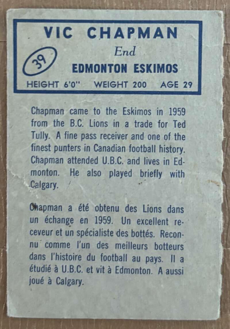 1962 Topps CFL #39 Vic Chapman Edmonton Eskimos V105323 Image 2