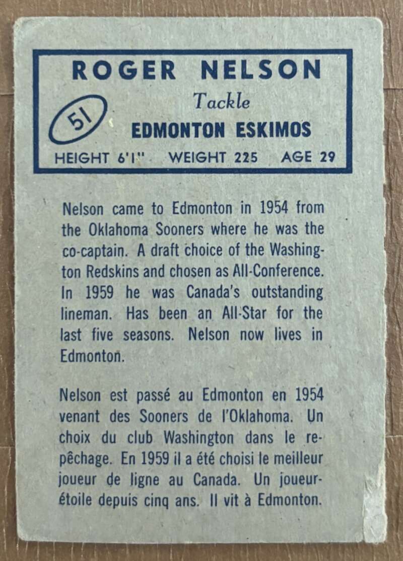1962 Topps CFL #51 Roger Nelson Edmonton Eskimos V105336 Image 2