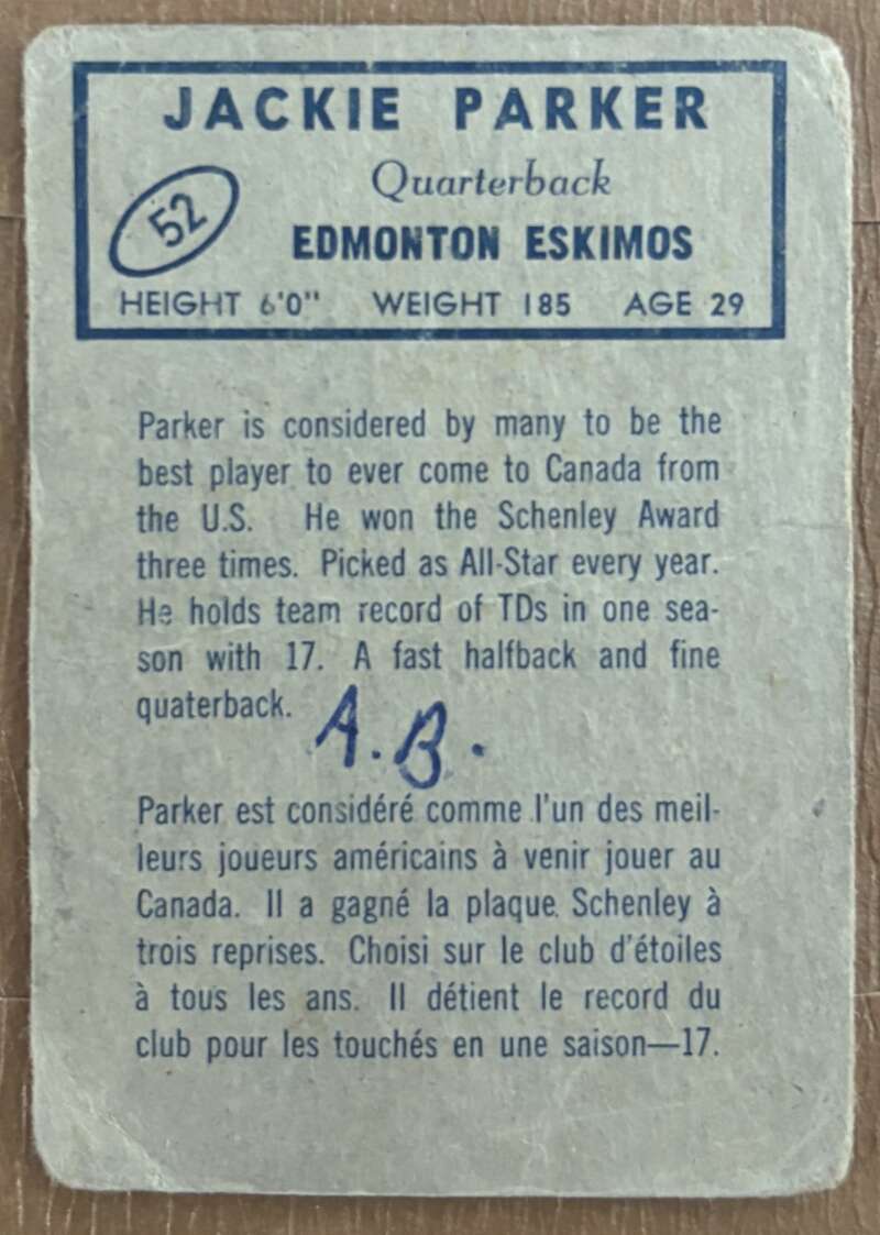 1962 Topps CFL #52 Jackie Parker Edmonton Eskimos V105337 Image 2