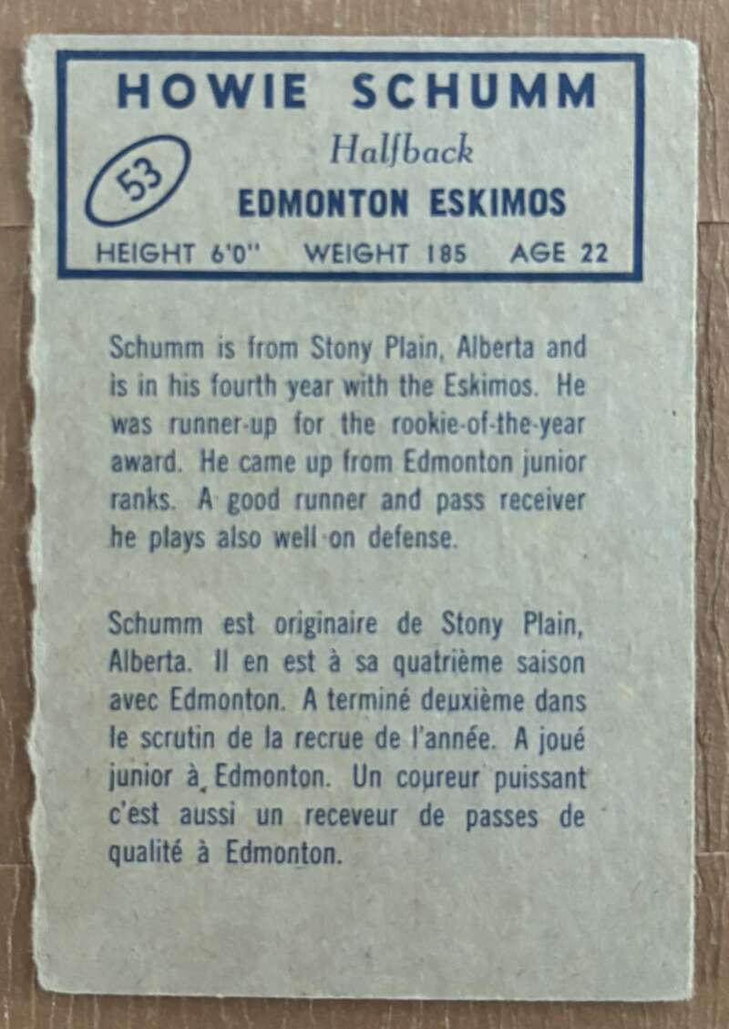 1962 Topps CFL #53 Howie Schumm Edmonton Eskimos V105338 Image 2