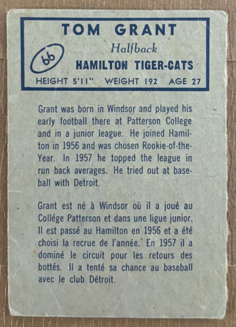 1962 Topps CFL #66 Tommy Grant Hamilton Tiger-Cats V105343 Image 2