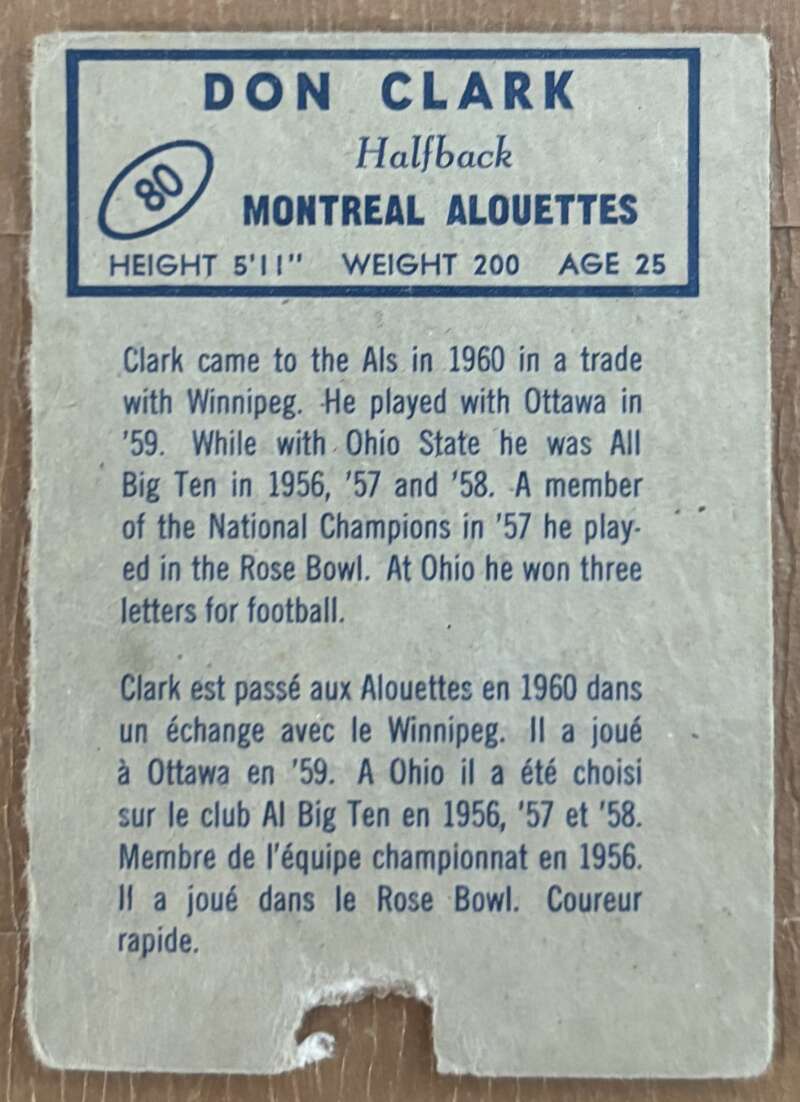 1962 Topps CFL #80 Don Clark Montreal Alouettes V105351 Image 2