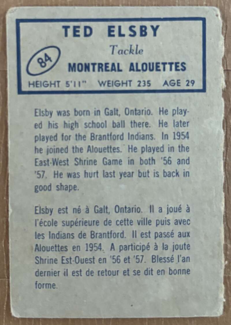 1962 Topps CFL #84 Ted Elsby Montreal Alouettes V105355 Image 2