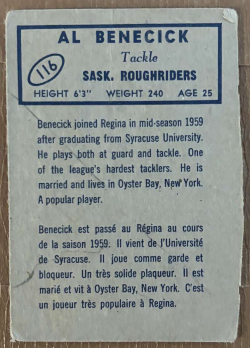 1962 Topps CFL #116 Al Benecick RC Rookie Roughriders V105365 Image 2