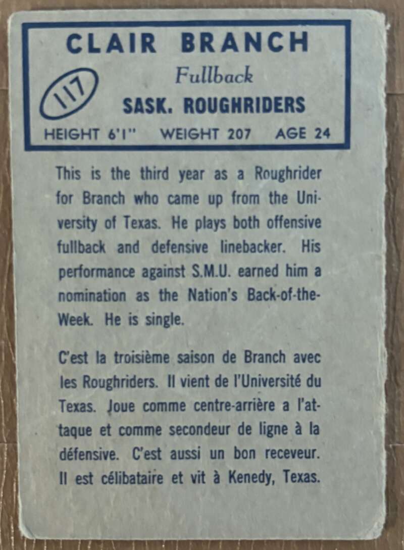 1962 Topps CFL #117 Clair Branch RC Rookie Roughriders V105366 Image 2