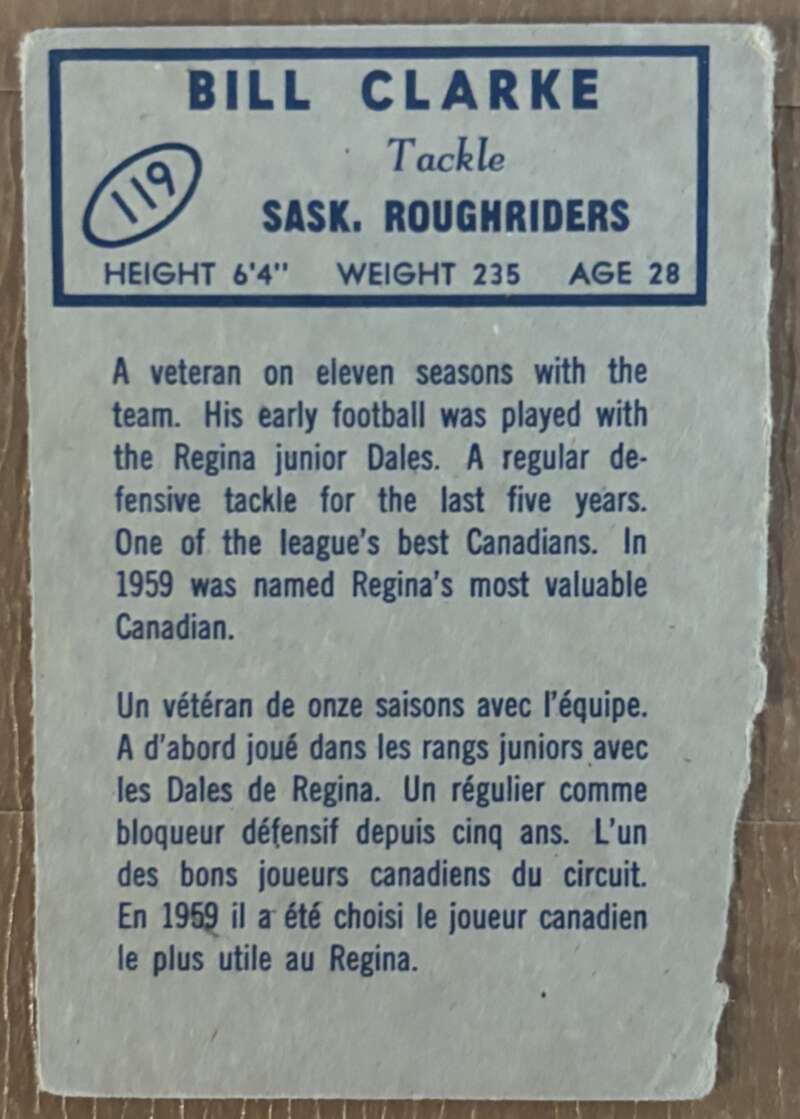 1962 Topps CFL #119 Bill Clarke Saskatchewan Roughriders V105367 Image 2
