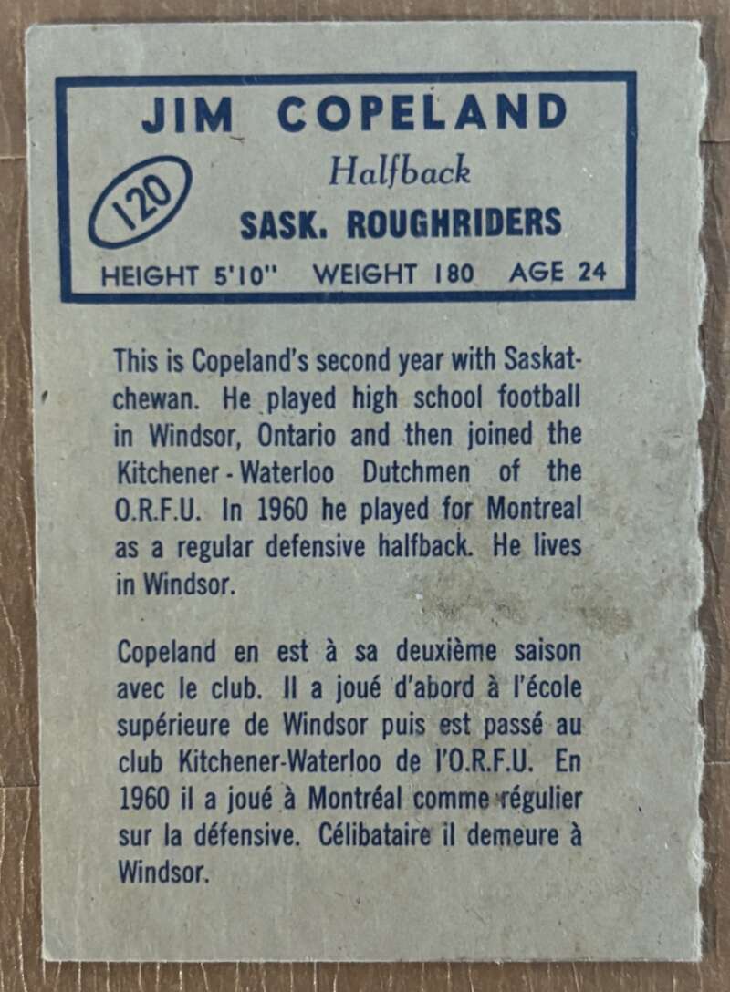 1962 Topps CFL #120 Jim Copeland RC Rookie Roughriders V105368 Image 2