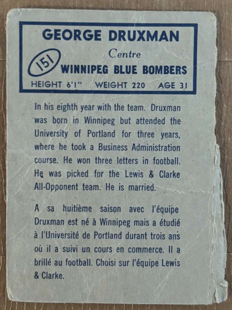 1962 Topps CFL #151 George Druxman Winnipeg Blue Bombers V105374 Image 2