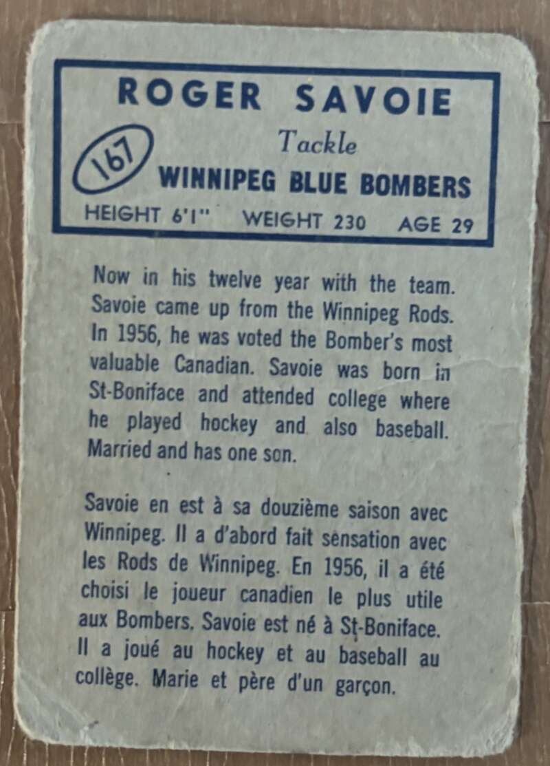 1962 Topps CFL #167 Roger Savoie Winnipeg Blue Bombers V105377 Image 2