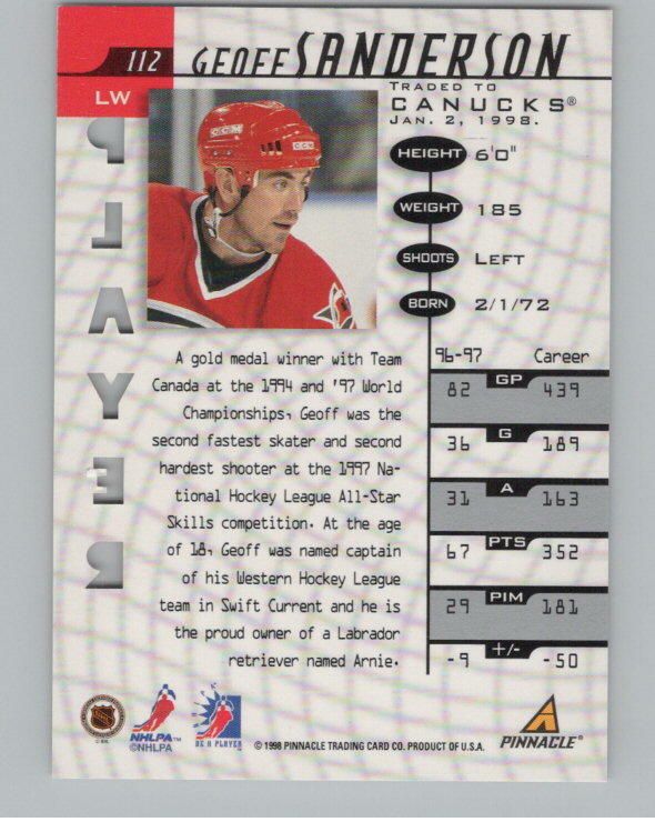 1997-98 Be A Player Geoff Sanderson Prismatic SP Die-Cut /100 Auto V106011