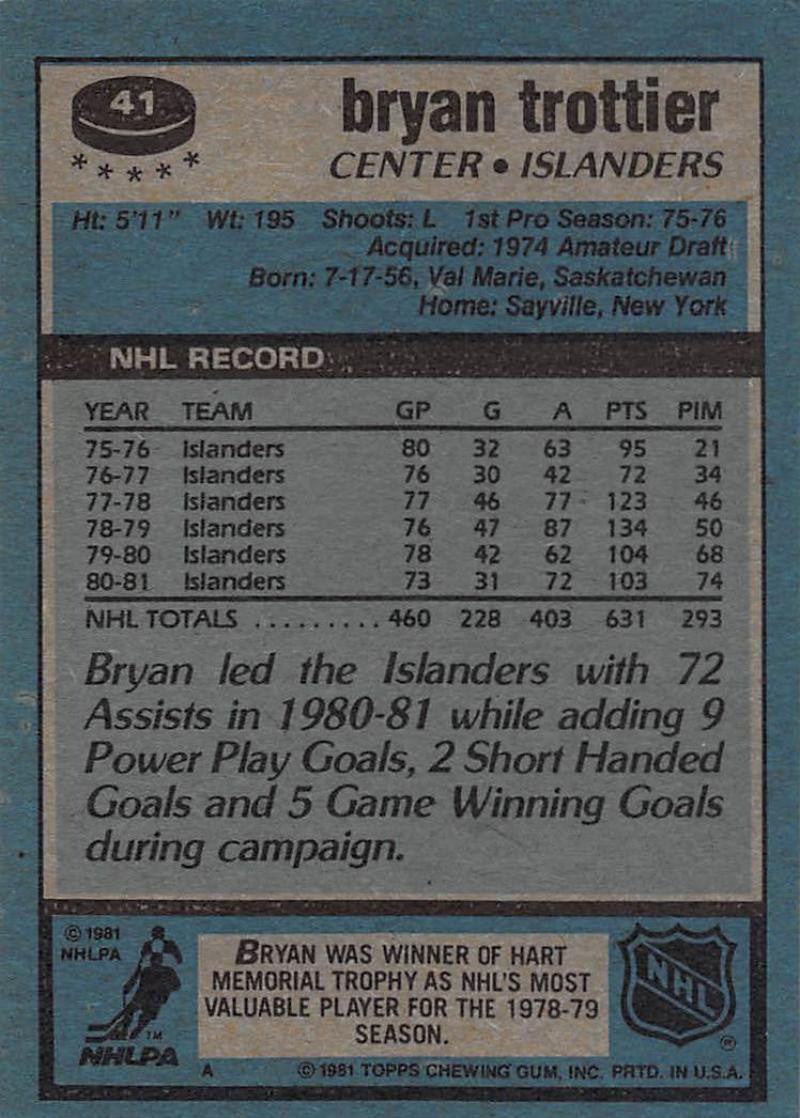 1981-82 Topps #41 Bryan Trottier NM-MT Hockey NHL NY Islanders