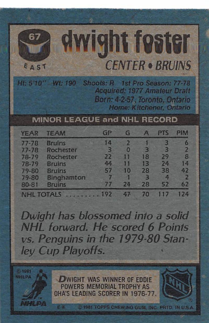1981-82 Topps #E67 Dwight Foster NM-MT Hockey NHL Bruins