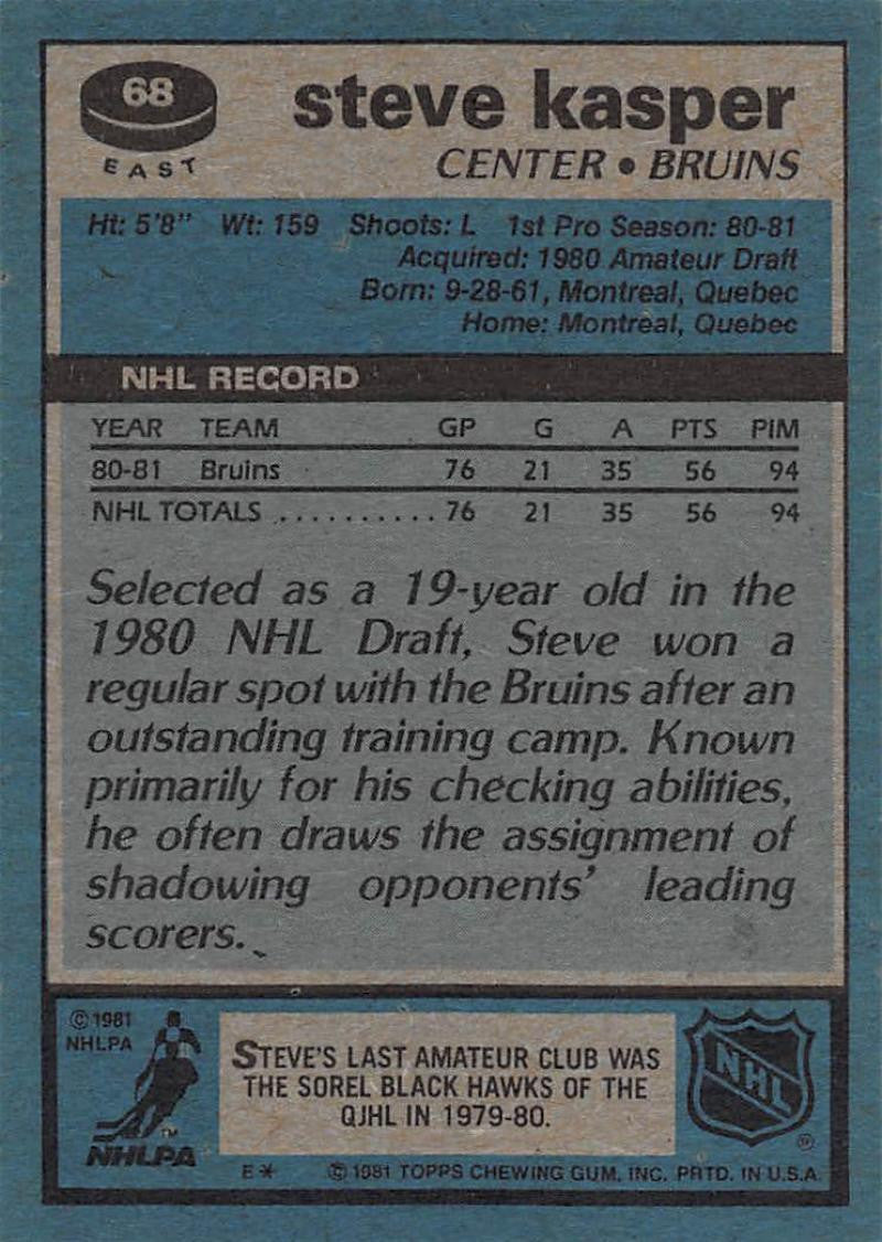 1981-82 Topps #E68 Steve Kasper NM-MT Hockey NHL RC Rookie Bruins