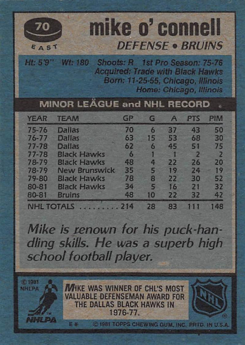 1981-82 Topps #E70 Mike O'Connell NM-MT Hockey NHL Bruins