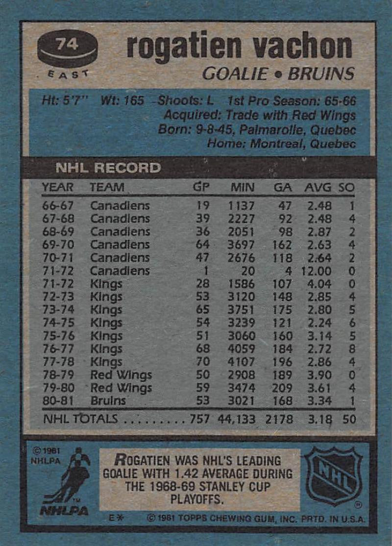 1981-82 Topps #E74 Rogie Vachon NM-MT Hockey NHL Bruins