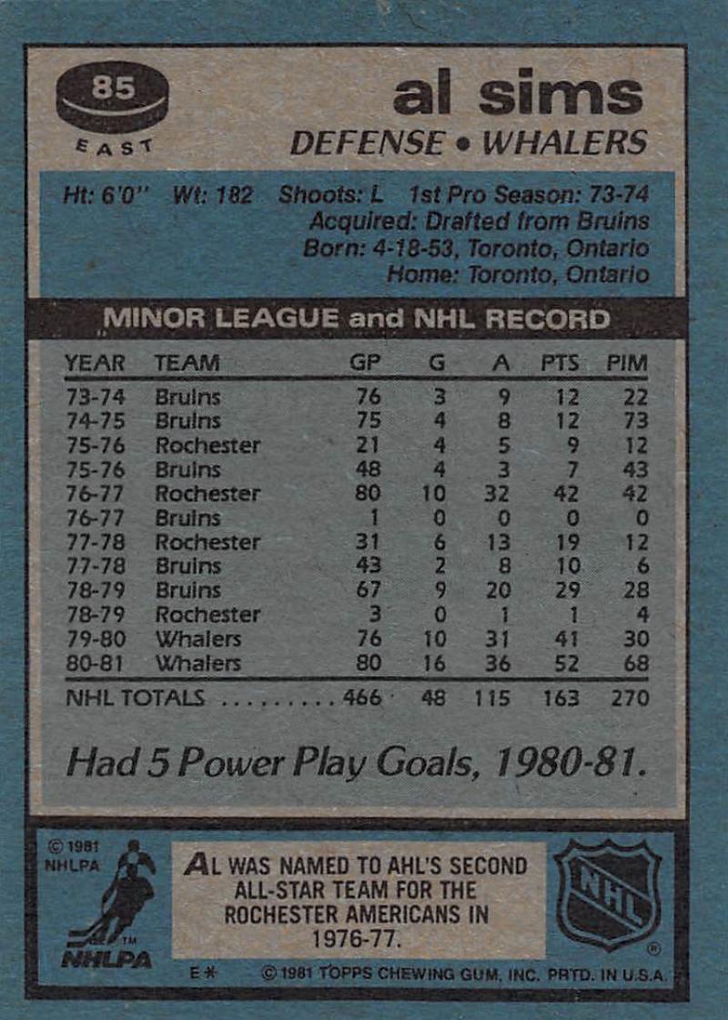 1981-82 Topps #E85 Al Sims NM-MT Hockey NHL Whalers Image 2