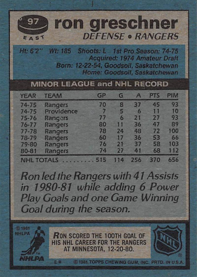 1981-82 Topps #E97 Ron Greschner NM-MT Hockey NHL NY Rangers
