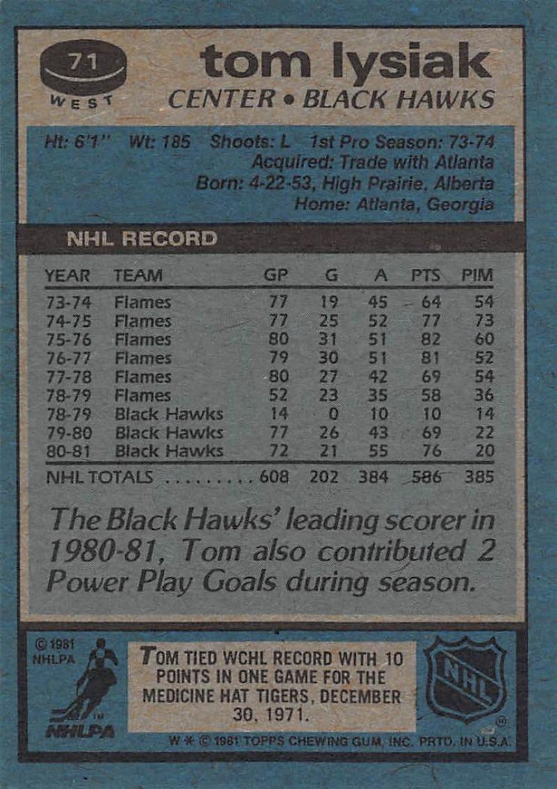 1981-82 Topps #W71 Tom Lysiak NM-MT Hockey NHL Blackhawks