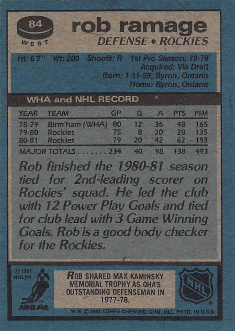 1981-82 Topps #W84 Rob Ramage NM-MT Hockey NHL Rockies