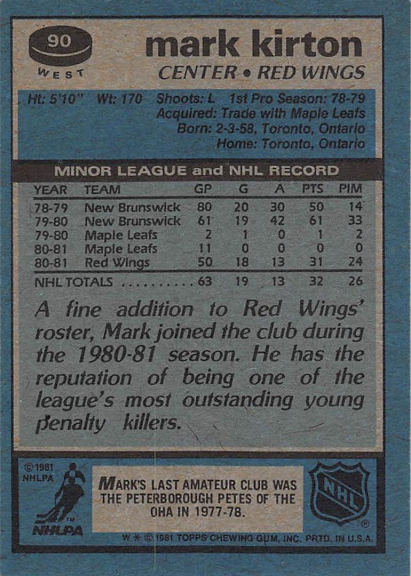1981-82 Topps #W90 Mark Kirton NM-MT Hockey NHL RC Rookie Red Wings