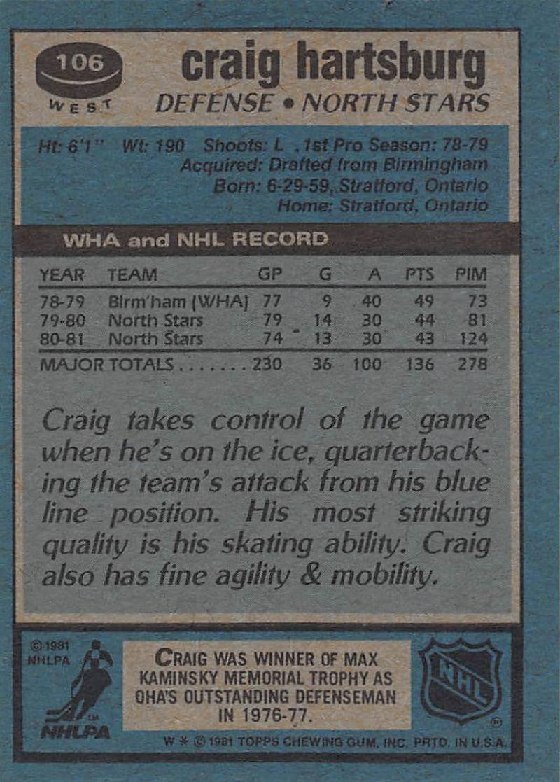 1981-82 Topps #W106 Craig Hartsburg NM-MT Hockey NHL North Stars