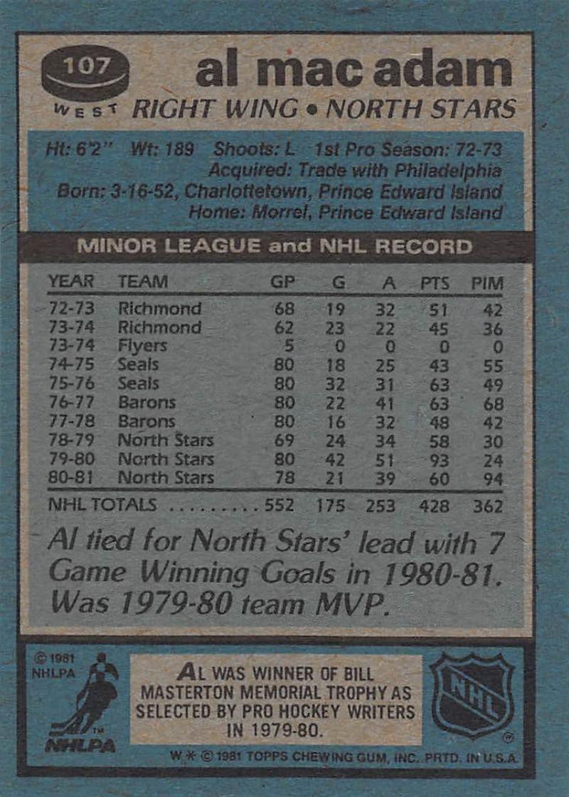 1981-82 Topps #W107 Al MacAdam NM-MT Hockey NHL North Stars