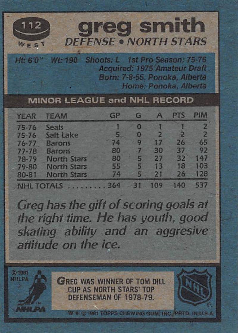 1981-82 Topps #W112 Greg Smith NM-MT Hockey NHL North Stars