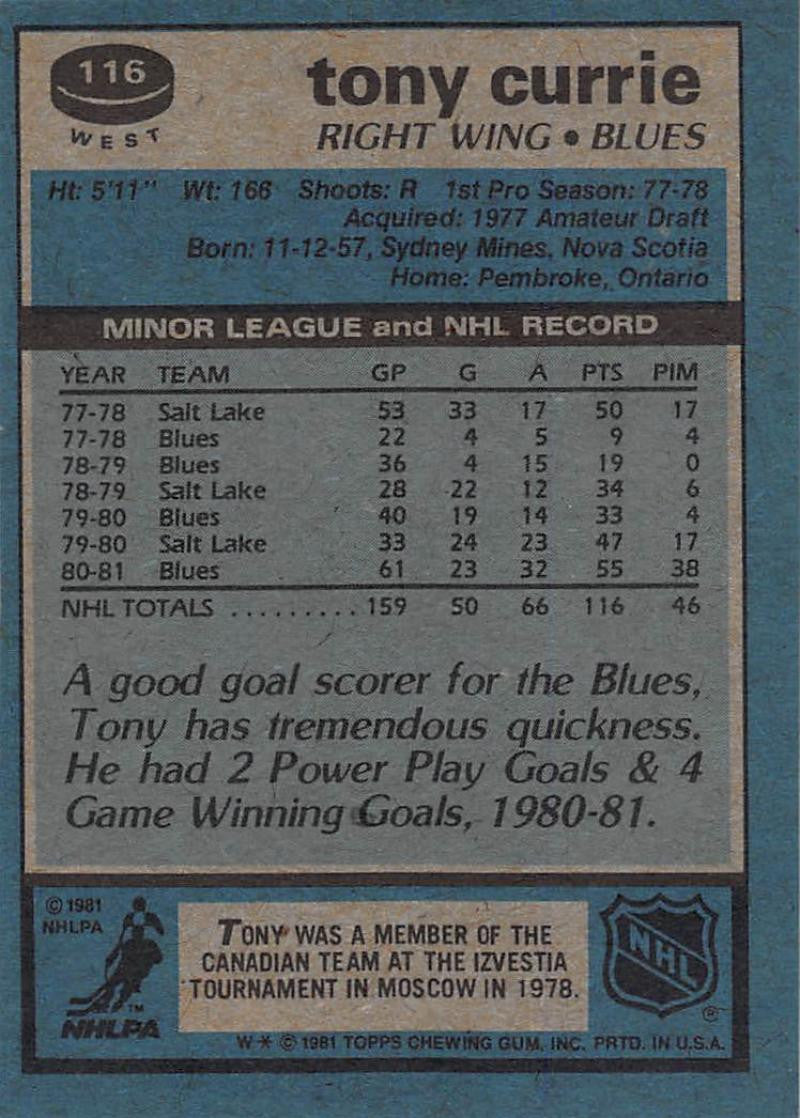1981-82 Topps #W116 Tony Currie NM-MT Hockey NHL Blues