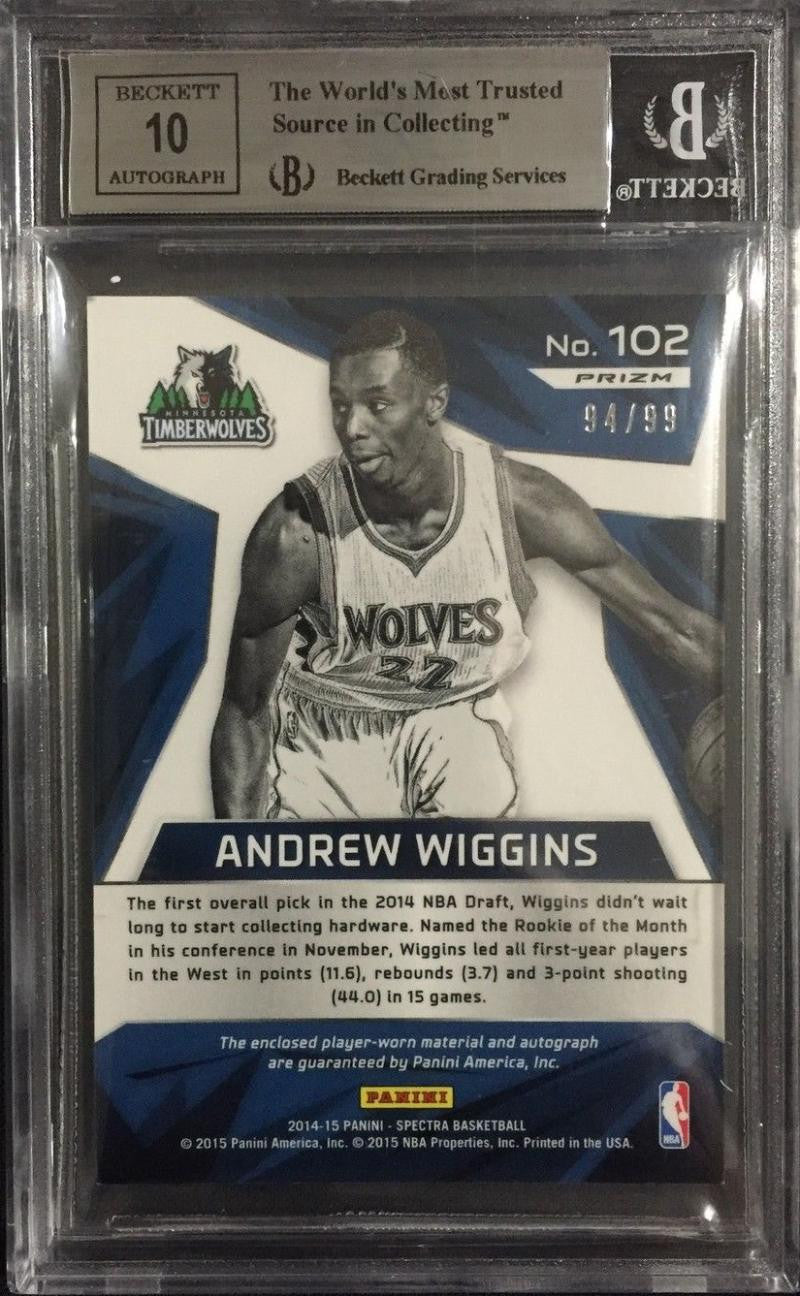 2014-15 Panini Spectra Blue ANDREW WIGGINS Auto Jersey 94/99 Rookie BGS 9