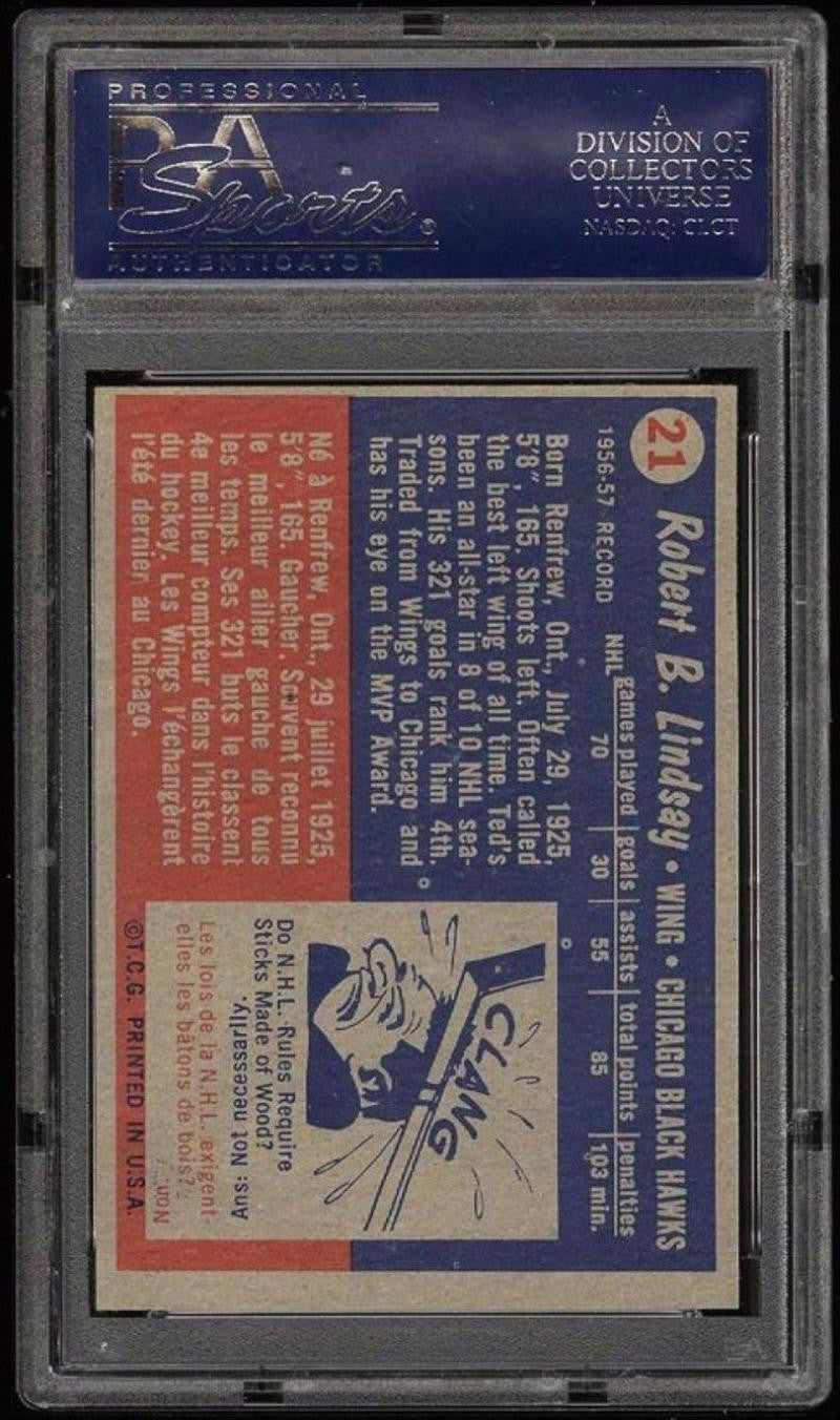 1957-58 Topps #21 TED LINDSAY PSA 7 NM - Vintage Blackhawks NHL