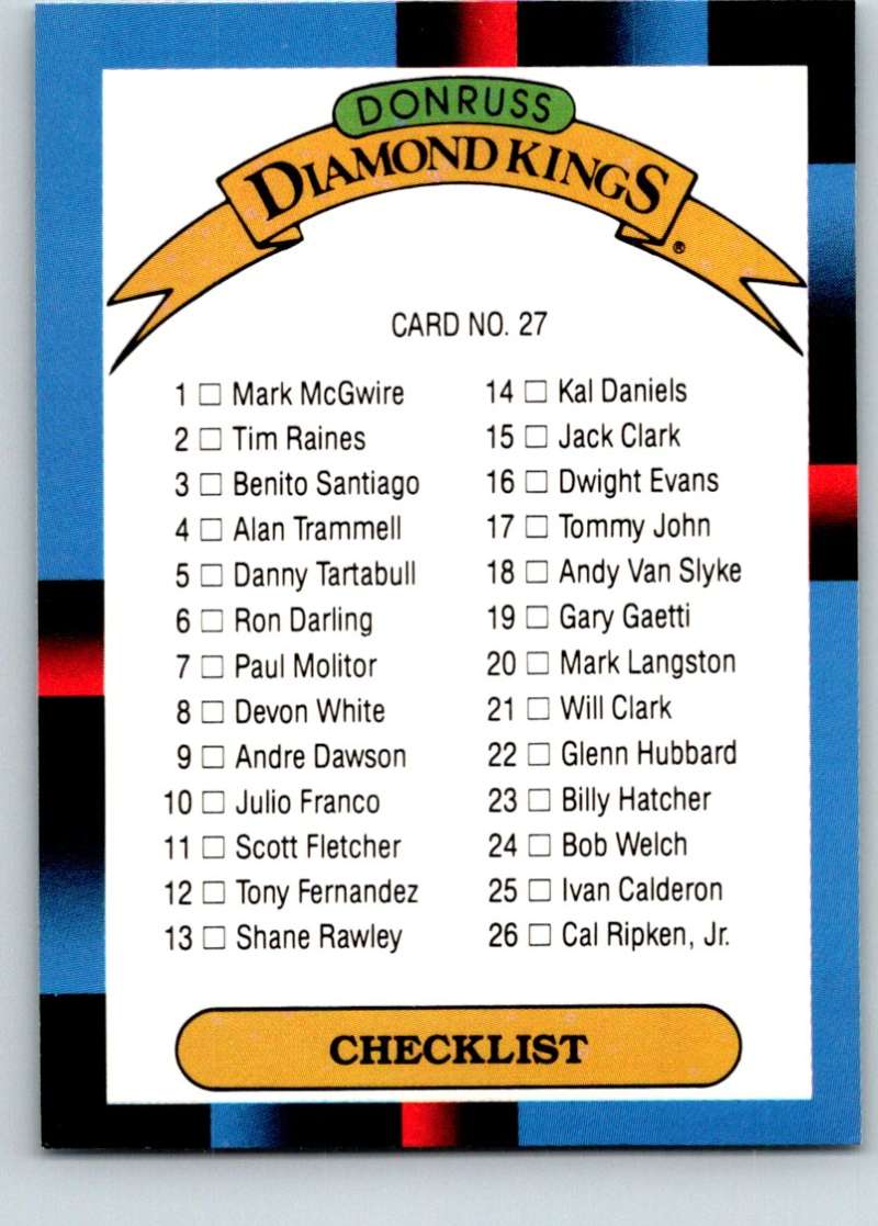 1988 Donruss #27 Diamond Kings Checklist 1-26 Mint Image 1