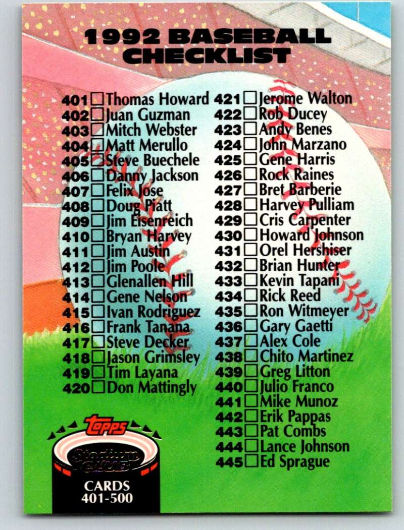 1992 Stadium Club #589 Checklist 401-500 Mint Image 1