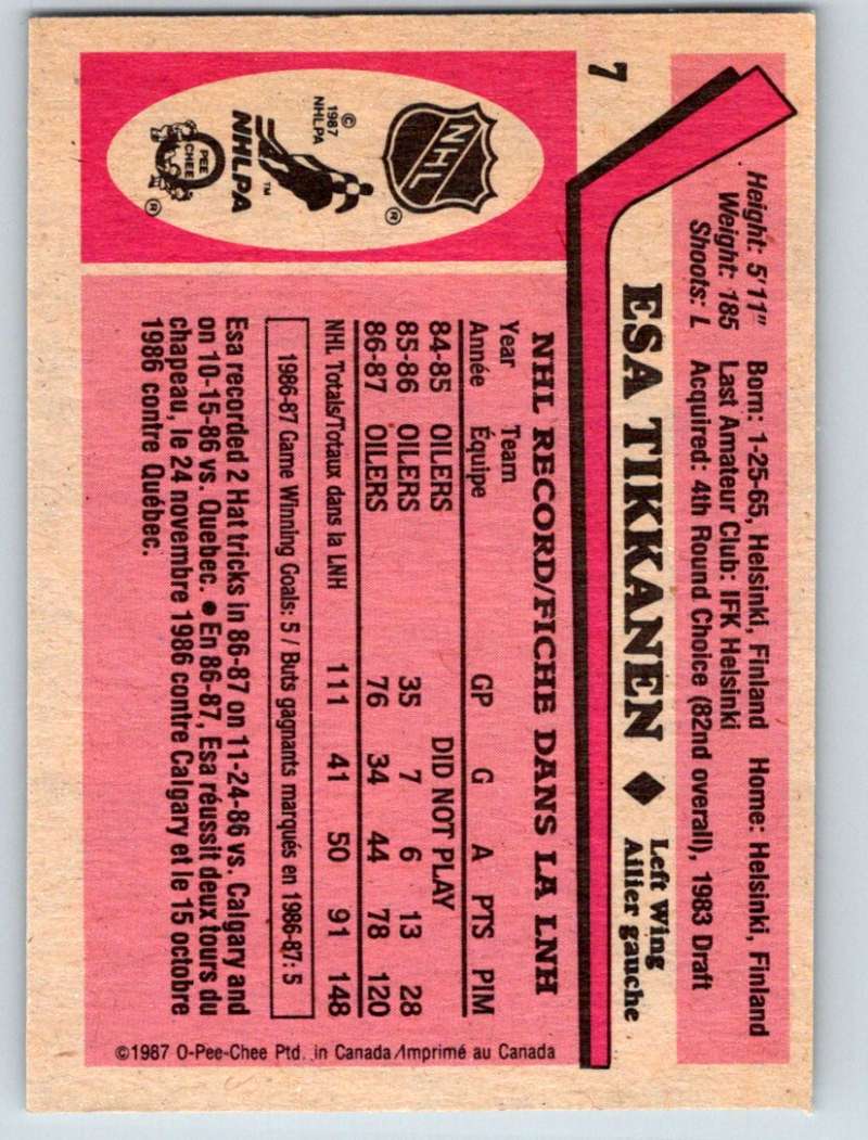 1987-88 O-Pee-Chee #7 Esa Tikkanen RC Rookie Oilers Mint