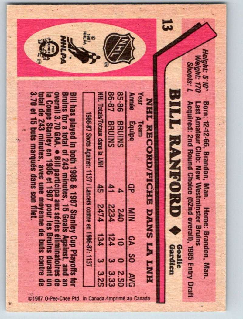 1987-88 O-Pee-Chee #13 Bill Ranford RC Rookie Bruins UER Mint